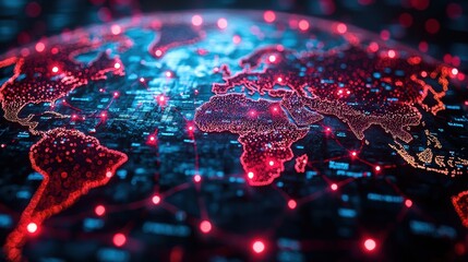 Futuristic Digital World Map with Bright Red Connections and Dots