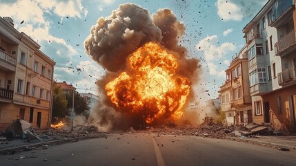 Moment of bomb explosion with cloud of smoke and bright flames on city street with collapsing residential houses and buildings during air attack