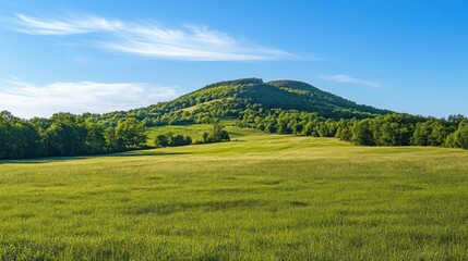 Obraz premium A scenic view of a green hill surrounded by lush vegetation under a clear blue sky.