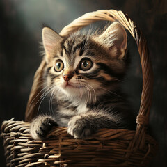 Cute little cat sitting in a basket