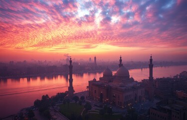 Naklejka premium Mosque sunrise Cairo, Egypt; city skyline, river reflection