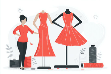 A stylish fashion designer showcases red dresses on mannequins, surrounded by sewing materials, emphasizing creativity in apparel design.