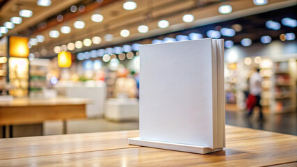 Blank White Book Cover Mockup Standing on a Wooden Table in a Modern Store Setting