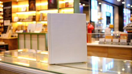 Fototapeta premium Blank White Book Cover Mockup Standing on a Wooden Table in a Modern Store Setting