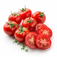 Fresh red tomatoes with thyme on white background.