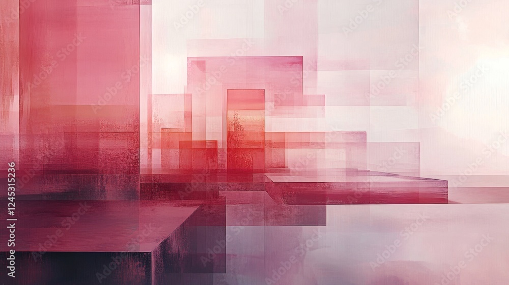 Poster abstract geometric red and pink cubes composition in a soft gradient background