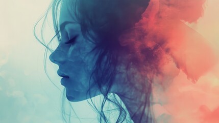 Profile of young caucasian female with colorful artistic abstract cloud effects