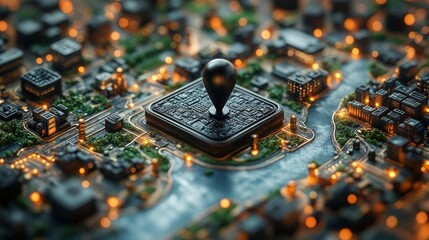 Futuristic cityscape with location pin on a digital map interface. Generative AI