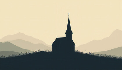 Obraz premium Mountain Church Silhouette in Morning Mist