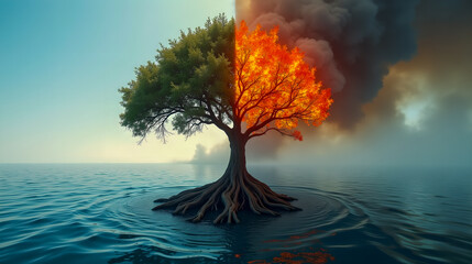 A powerful image of a tree with its roots submerged in rising ocean water, while its branches burn in bright orange flame