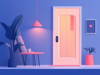 Fototapeta premium 3D rendering of a contemporary home entrance featuring a brightly lit door, small table with a cup, plants, and a smart lock system, creating a cozy atmosphere