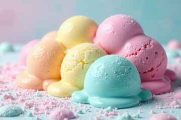 Pastel colored melting ice cream balls on a sugary background, frozen, dessert, confectionery