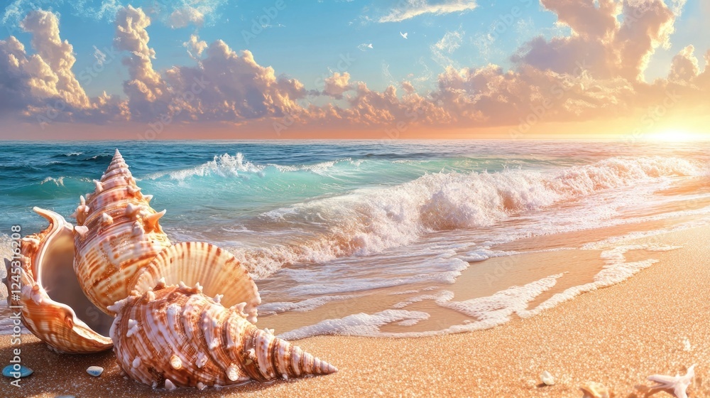 Poster a serene beach scene featuring seashells with gentle waves and a colorful sunset.