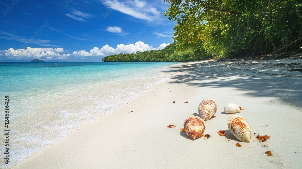 Poster a serene beach scene with conch shells on soft sand and lush greenery under a blue sky.