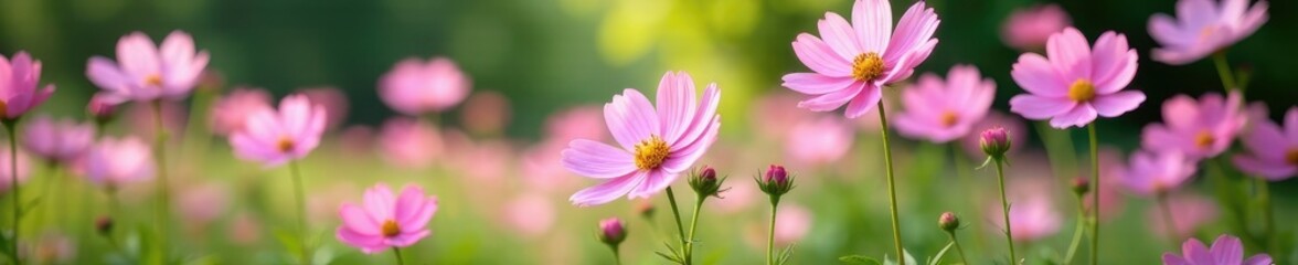 Obraz premium Pastel pink cosmos flowers bloom in a lush garden, nature scene, pastel colors, delicate blooms
