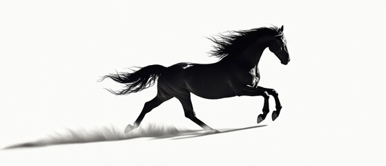 Fast galloping black and white horse casting shadow in a minimalist silhouette concept