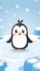 Adorable Penguin in Winter Wonderland: A charming cartoon penguin stands on icy terrain amidst a gentle snowfall, evoking a sense of winter warmth and cuteness. 