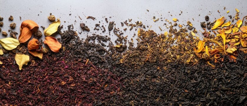 Diverse loose leaf teas arranged from above- emphasizing empty space for text or graphics
