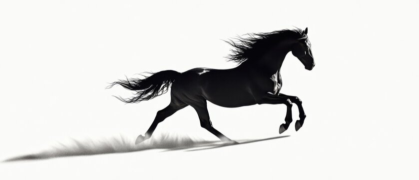 Fast galloping black and white horse casting shadow in a minimalist silhouette concept