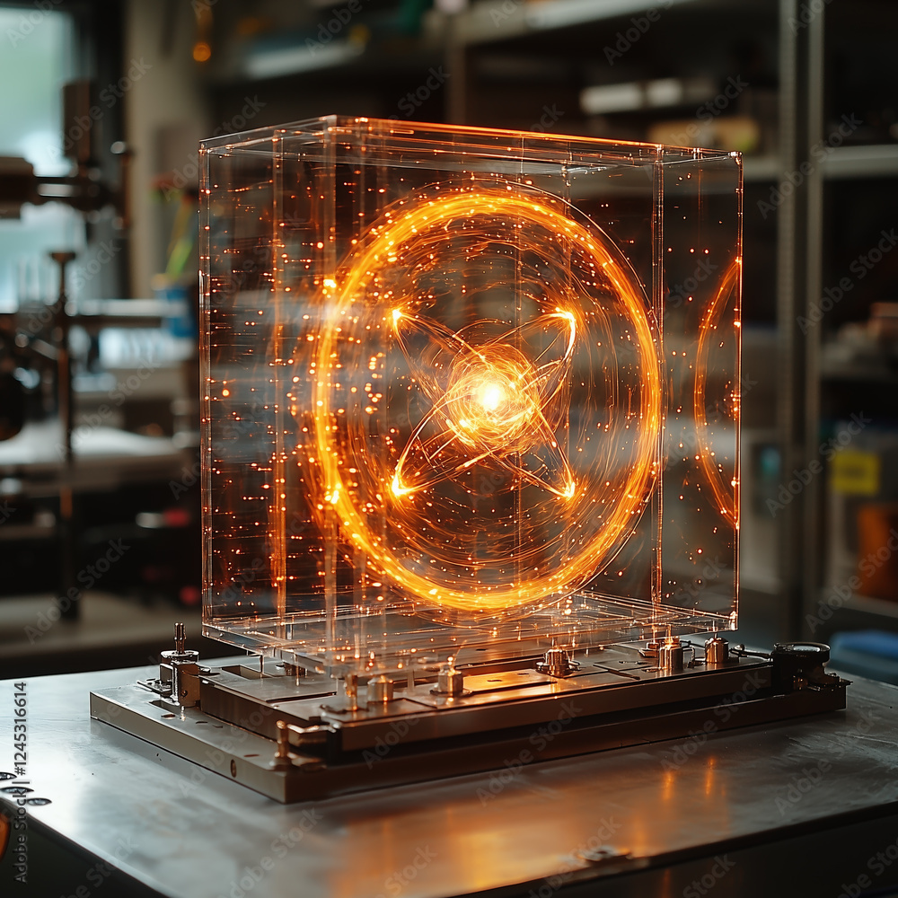Poster glowing atomic core encased in a transparent glass cube within a scientific lab