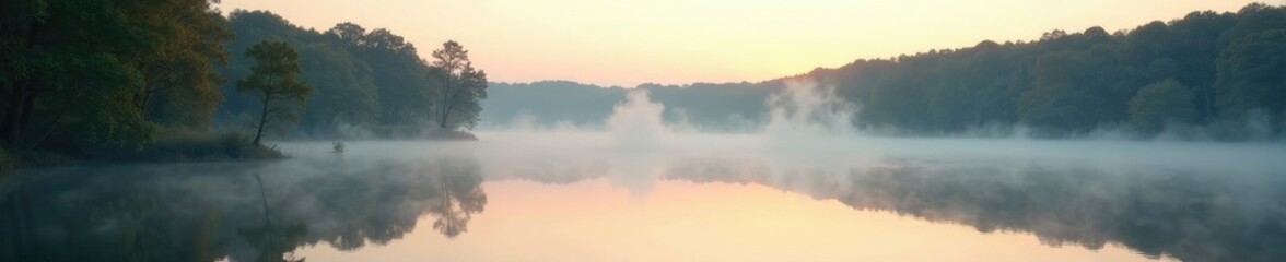 Fototapeta premium Peaceful morning scene with mist rising from a lake, serene, quiet