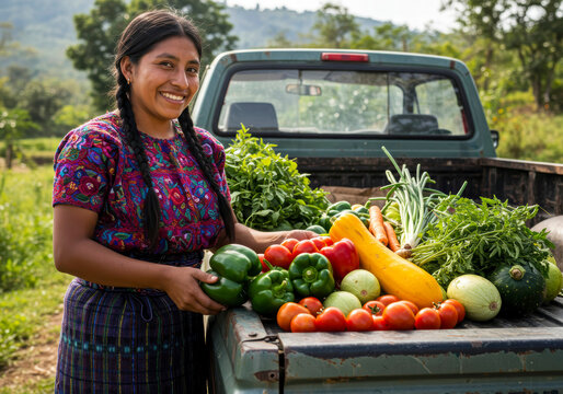 Smiling Indigenous Woman with Organic Vegetables in Truck Bed, Traditional Farming in Guatemala