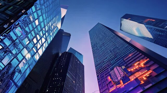 Glass skyscrapers reflecting the blue sky and sunlight, towering high in the urban landscape. Concept of modern architecture and corporate business