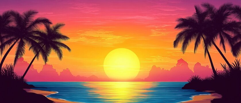 Gorgeous tropical sunset over a beach with palm silhouettes- ideal for summer vacation themes