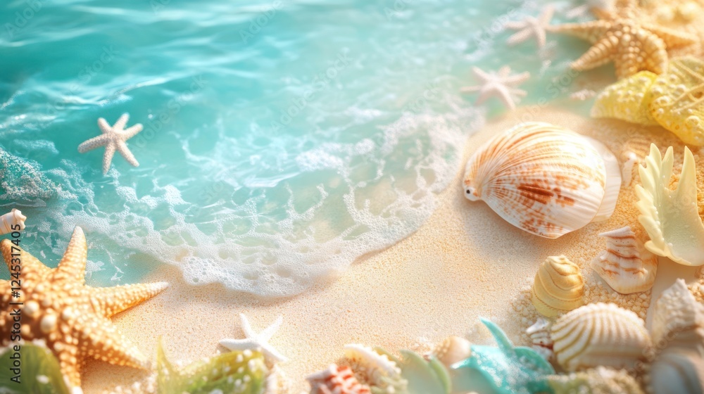 Poster a serene beach scene with shells and starfish along gentle waves.