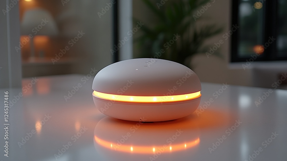 Poster modern white ambient light device emitting soft orange glow on a sleek table with greenery in backgr