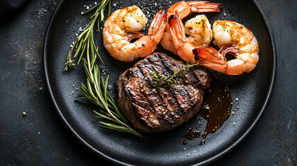 Grilled steak and shrimp on black plate.