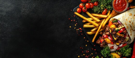 Homemade doner kebab with fries and veggies on a black backdrop- offering ample copy space