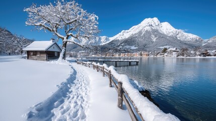 Obraz premium Snow-covered Lakeside Cabin, Mountain View, Winter Wonderland, Travel Poster
