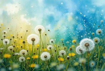A watercolor painting of a field of dandelions with a blue sky and water droplets