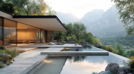 Contemporary villa with infinity pool overlooking mountains and lush nature. Generative AI