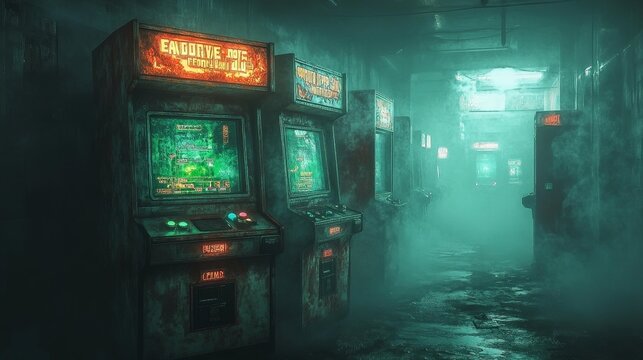 Mysterious arcade hallway with retro video game machines glowing in green light. Generative AI
