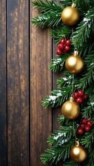 Snowy evergreen branches with golden ornaments and red berries on a wooden background, wooden table, rustic, wooden textures