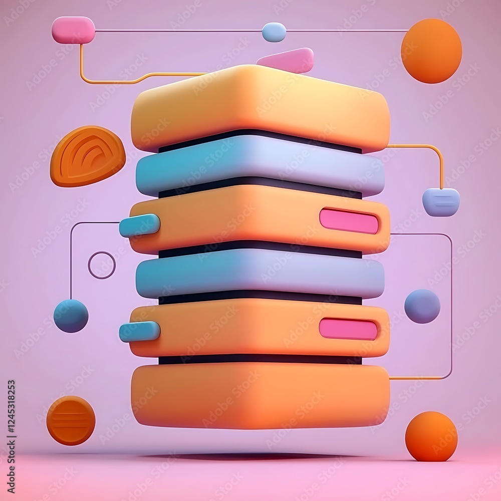 Poster abstract 3d render of stacked blocks connected by lines and spheres