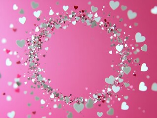 Glittery silver and pink heart confetti forming a circle on a bright pink background