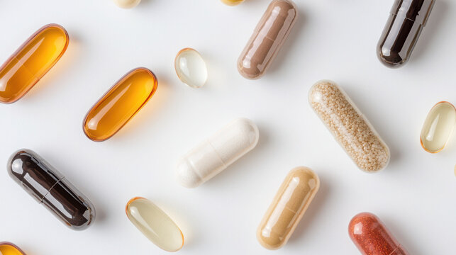 Capsule Gel Softgel Hard Liquid Filled and Enteric Coated Types. Assorted dietary supplements on a white background.