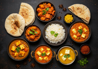 Assorted Indian Cuisine on Dark Rustic Background &ndash; Chicken Tikka Masala, Palak Paneer, Saffron Rice, and More