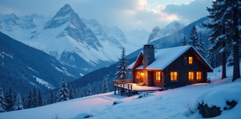 Snowy mountainside cabin with warm glowing windows and chimney smoke rising high, winter scene, woods