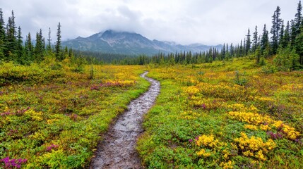 Fototapeta premium Mountain trail wildflowers autumn hike landscape