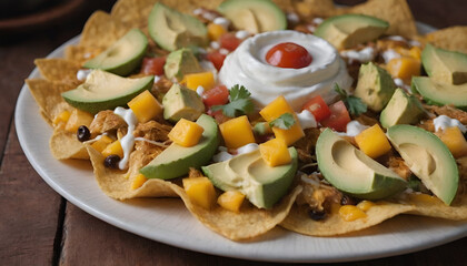 chicken nachos with mango, avocado, salsa, and sour cream