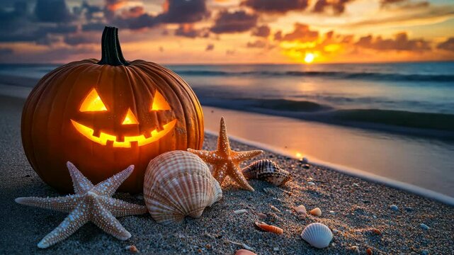 Glowing jacko'lantern on beach at sunset with waves and shells