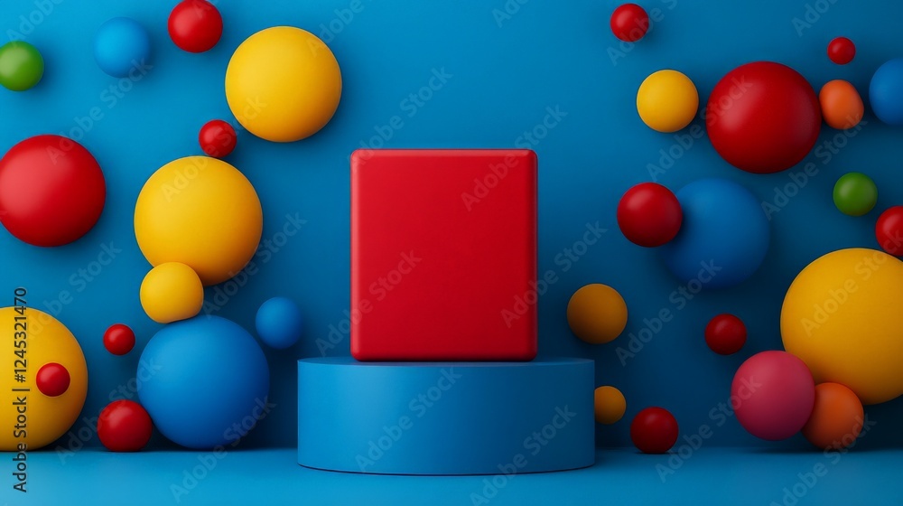 Poster geometric harmony: a vibrant composition featuring a red cube prominently displayed atop a blue cyli