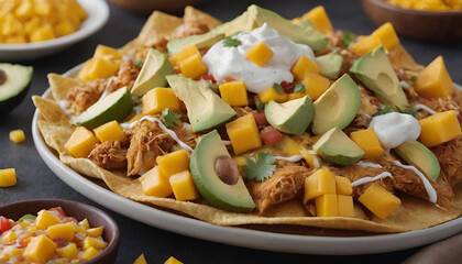 chicken nachos with mango, avocado, salsa, and sour cream