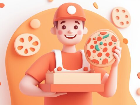 3d render of a cheerful delivery man holding a pizza and a delivery box, smiling and wearing an orange uniform - Powered by Adobe