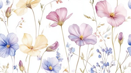 Beautiful seamless floral water color pattern Set, watercolor wild flowers, leaves and grass,Collection botanic garden elements, isolated illustration in rustic or vintage style,copy space.