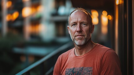 Mature caucasian male standing outdoors at sunset with warm background lighting